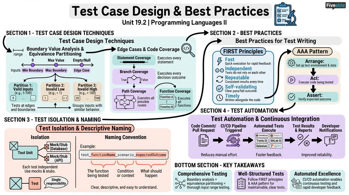 19.2 Test Case Design and Best Practices - Programming Languages and Techniques II - Unit 19 visual cheatsheet