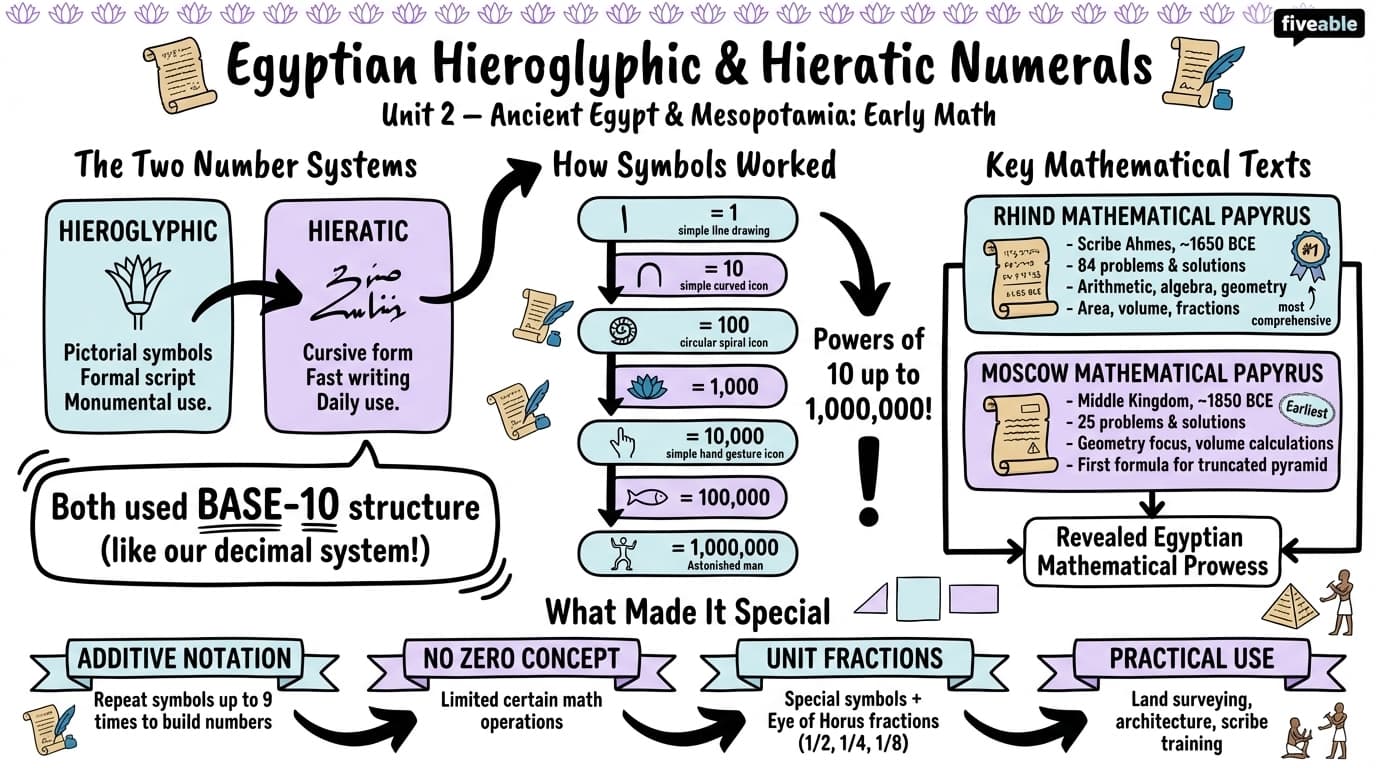 2.1 Egyptian hieroglyphic and hieratic numerals - History of Mathematics - Unit 2 visual cheatsheet
