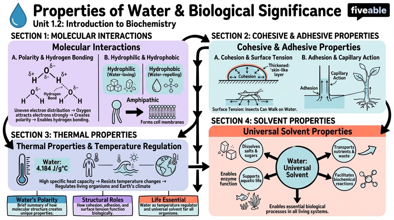 1.2 Properties of Water and Its Biological Significance - Biochemistry - Unit 1 visual cheatsheet