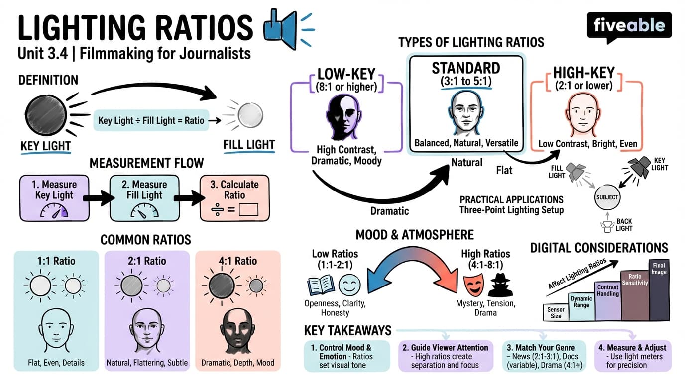 3.4 Lighting ratios - Filmmaking for Journalists - Unit 3 visual cheatsheet