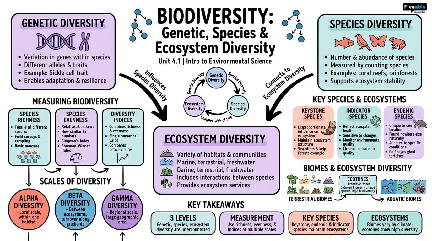 4.1 Biodiversity: Genetic, Species, and Ecosystem Diversity - Intro to Environmental Science - Unit 4 visual cheatsheet
