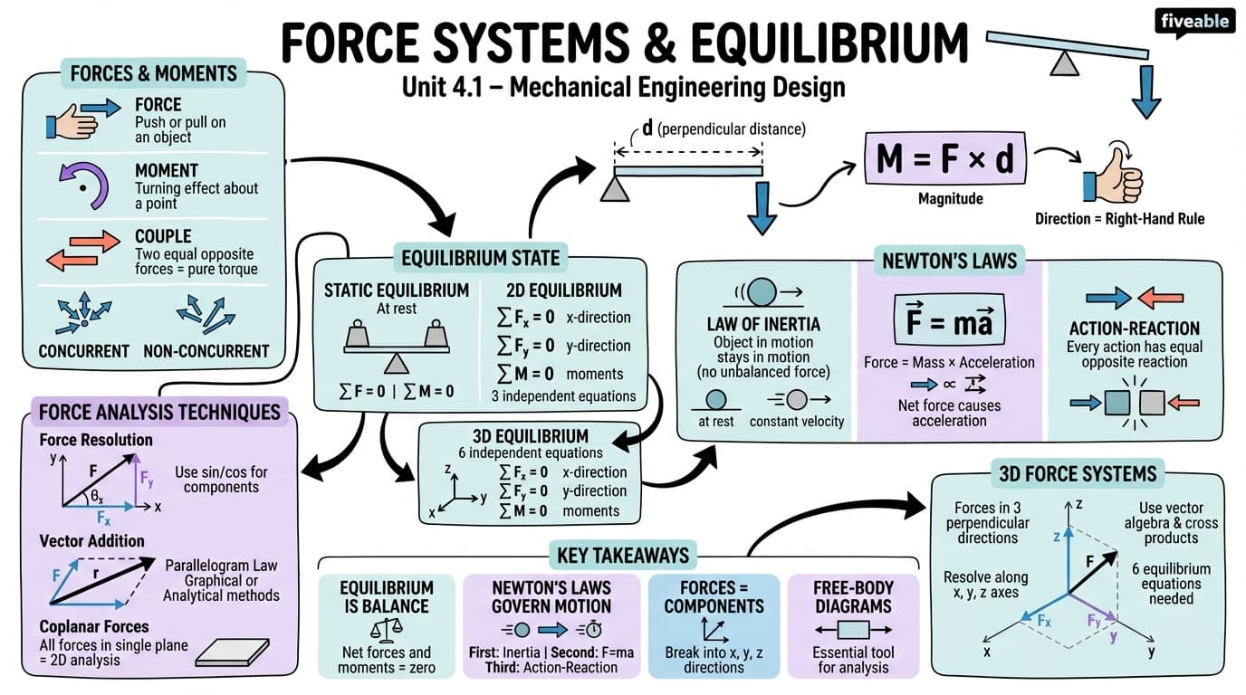 4.1 Force Systems and Equilibrium - Mechanical Engineering Design - Unit 4 visual cheatsheet
