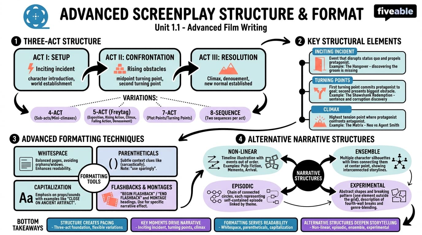 1.1 Advanced Screenplay Structure and Format - Advanced Film Writing - Unit 1 visual cheatsheet