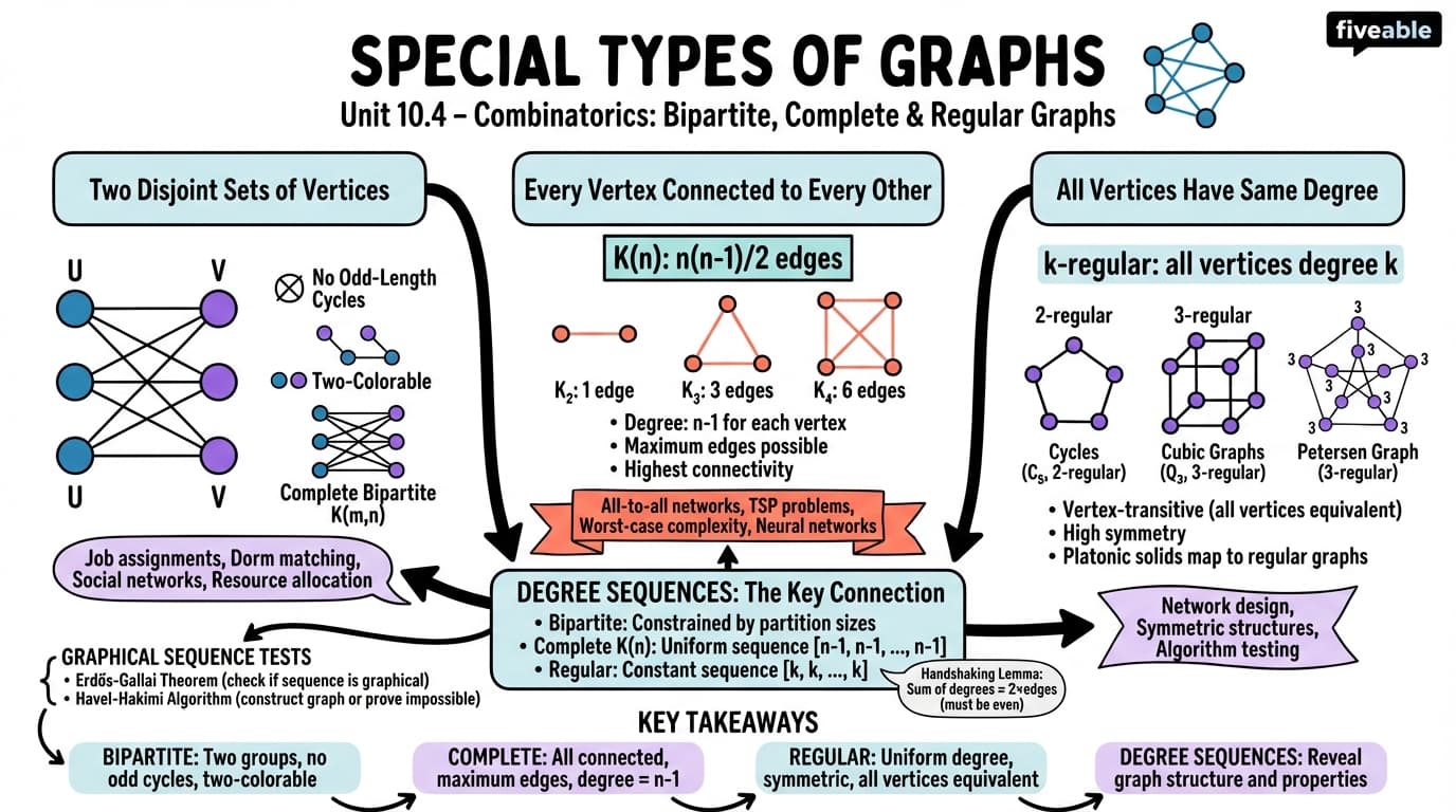 10.4 Special types of graphs (bipartite, complete, regular) - Combinatorics - Unit 10 visual cheatsheet