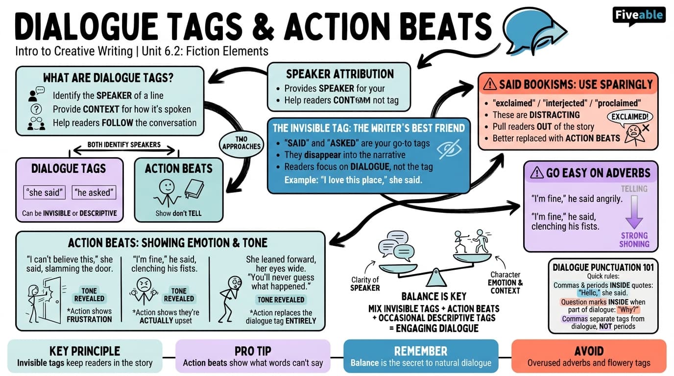 6.2 Dialogue Tags and Action Beats - Intro to Creative Writing - Unit 6 visual cheatsheet