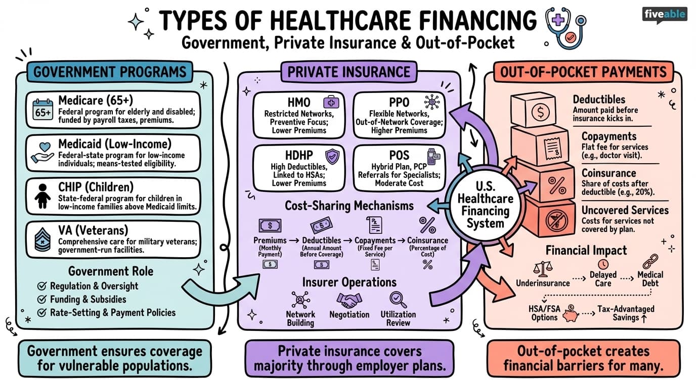3.1 Types of healthcare financing (government, private insurance, out-of-pocket) - Healthcare Systems - Unit 3 visual cheatsheet