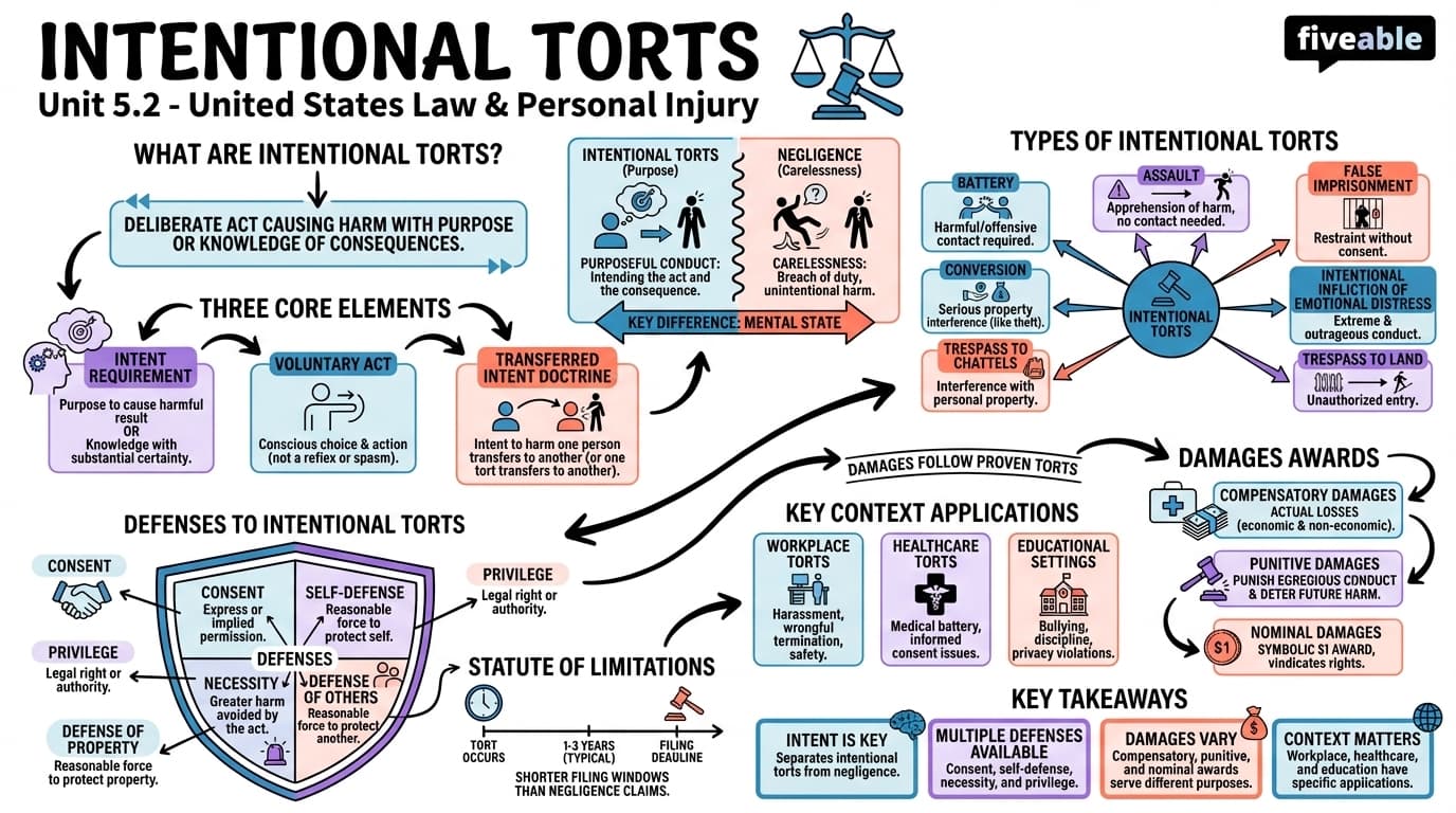 5.2 Intentional torts - United States Law and Legal Analysis - Unit 5 visual cheatsheet