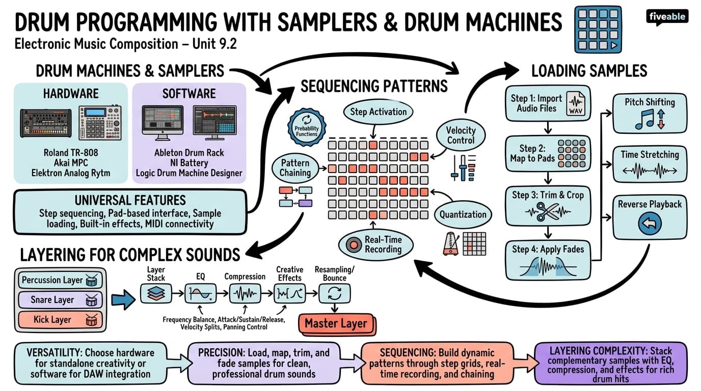 9.2 Programming drums using samplers and drum machines - Electronic Music Composition - Unit 9 visual cheatsheet