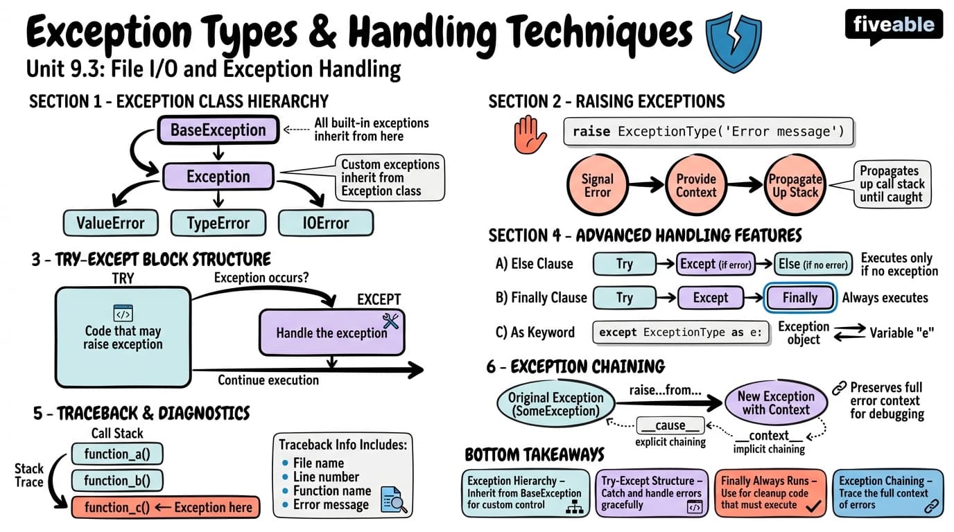 9.3 Exception Types and Handling Techniques - Intro to Computer Programming - Unit 9 visual cheatsheet
