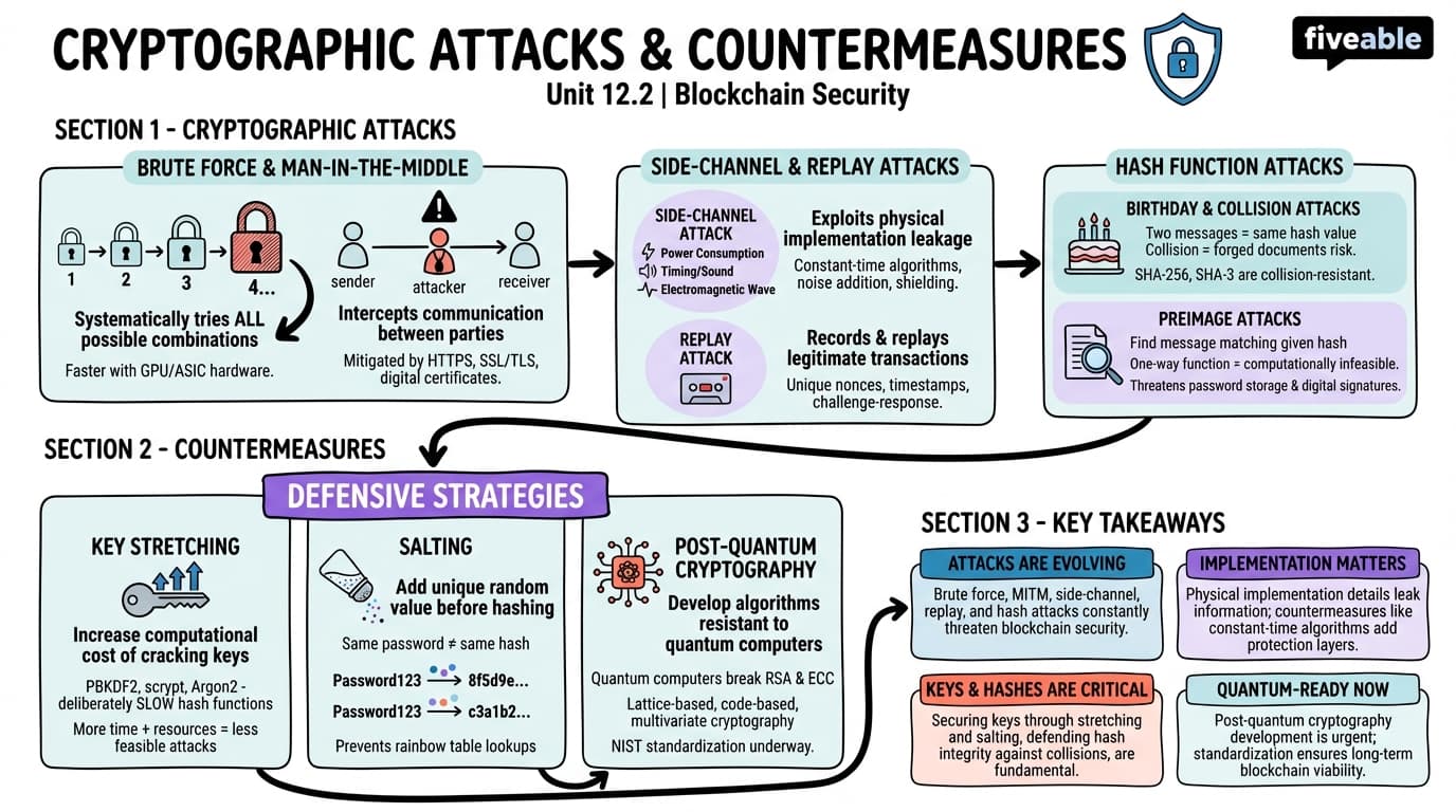 12.2 Cryptographic Attacks and Countermeasures - Blockchain and Cryptocurrency - Unit 12 visual cheatsheet