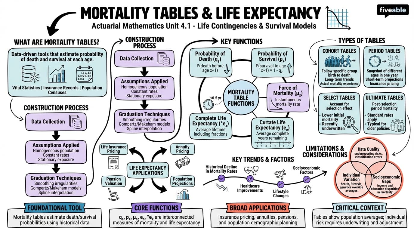 4.1 Mortality tables and life expectancy - Actuarial Mathematics - Unit 4 visual cheatsheet