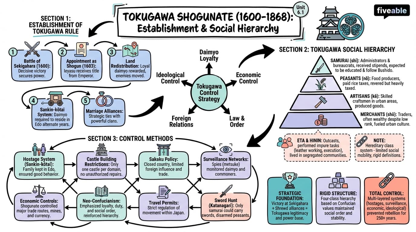 6.1 Establishment of Tokugawa rule and social hierarchy - History of Japan - Unit 6 visual cheatsheet