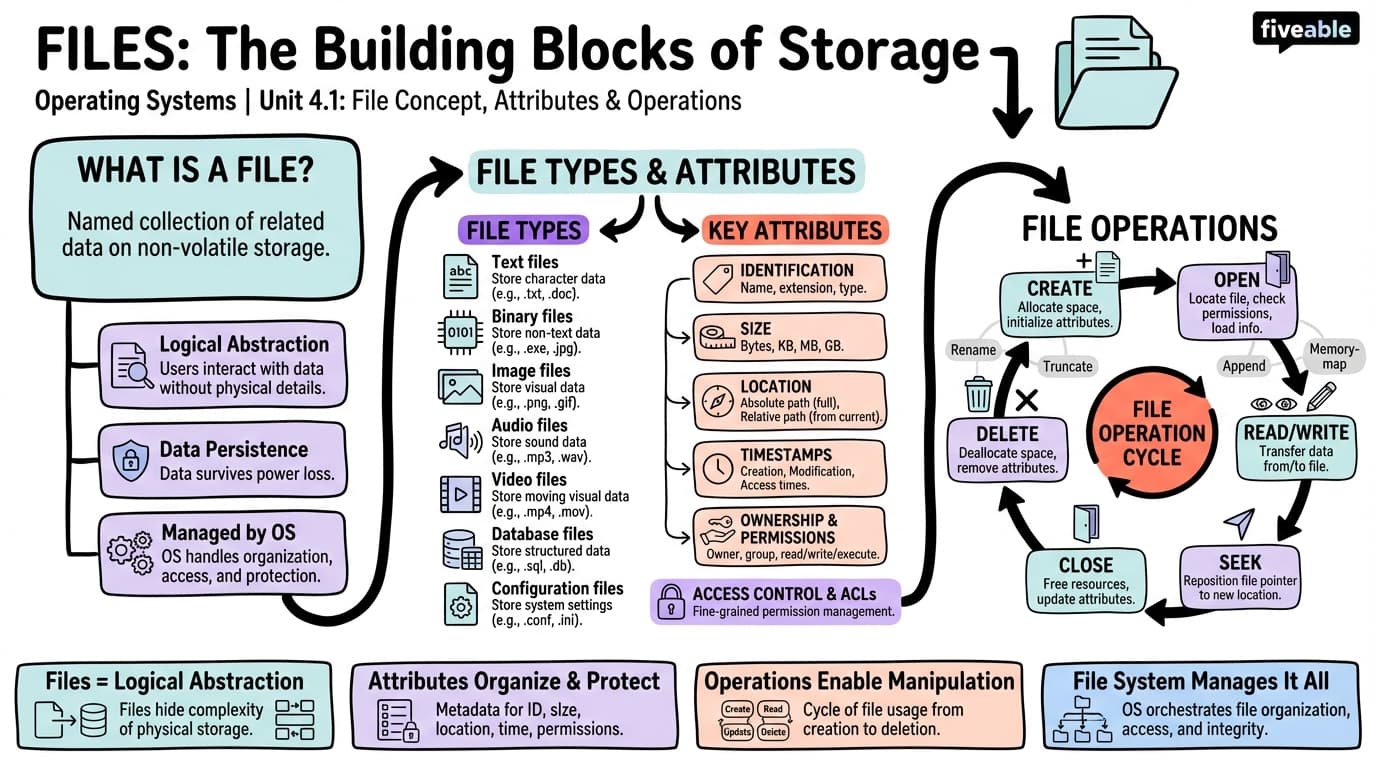 4.1 File concept, attributes, and operations - Operating Systems - Unit 4 visual cheatsheet