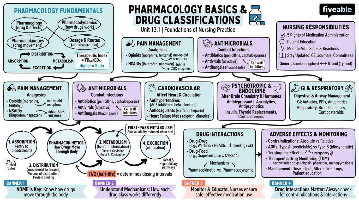 13.1 Pharmacology Basics and Drug Classifications - Foundations of Nursing Practice - Unit 13 visual cheatsheet