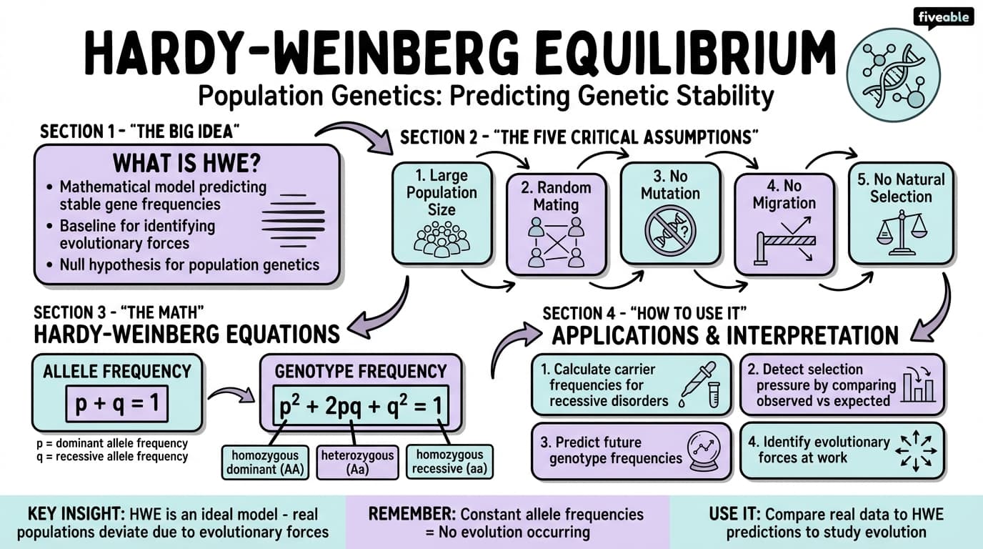 8.1 Hardy-Weinberg equilibrium and its assumptions - Evolutionary Biology - Unit 8 visual cheatsheet