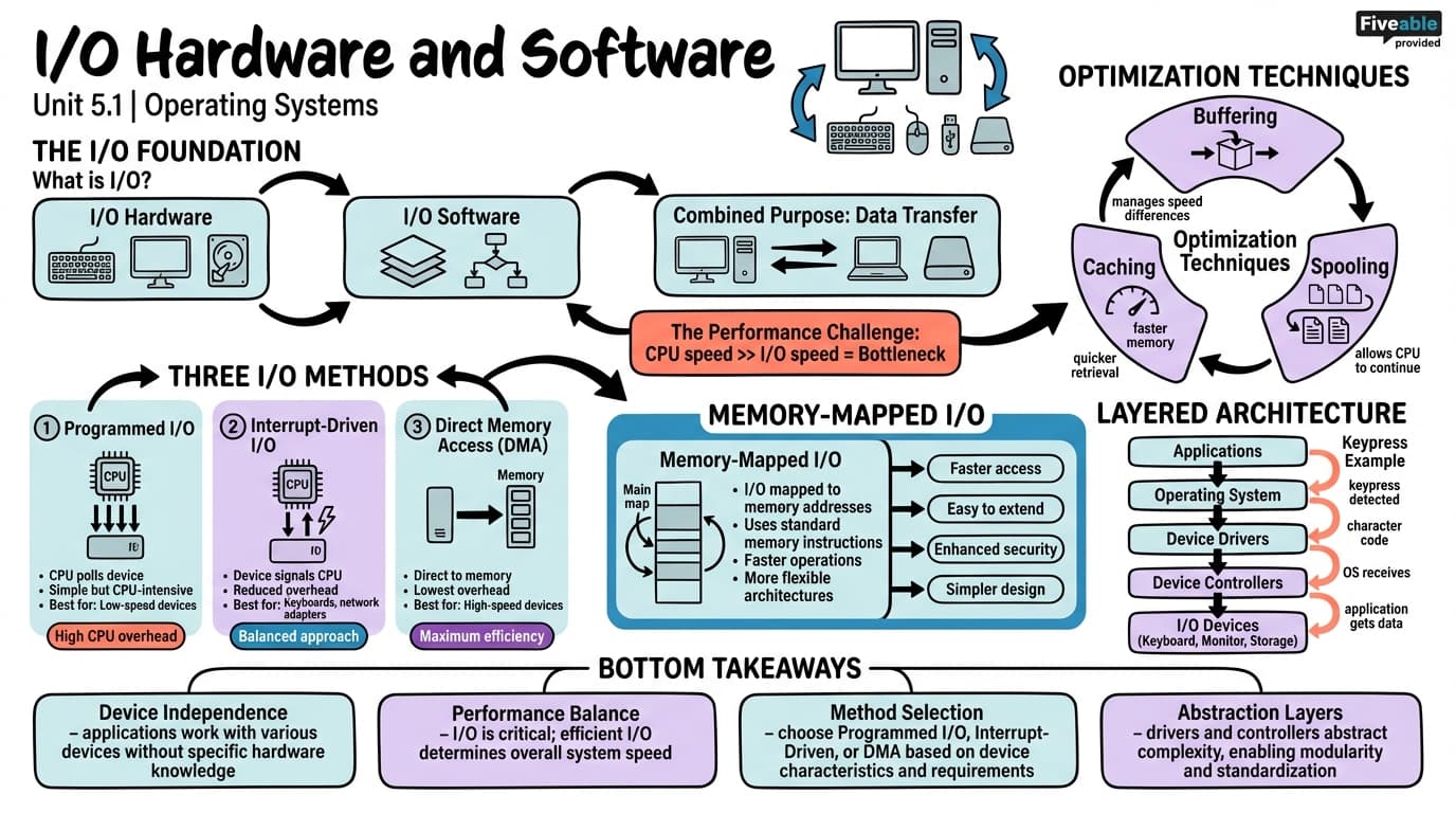 5.1 I/O hardware and software - Operating Systems - Unit 5 visual cheatsheet