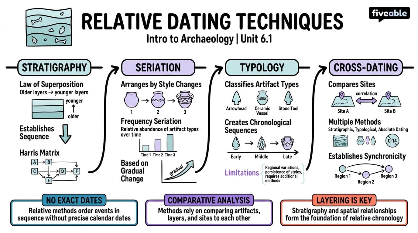 6.1 Relative Dating Techniques - Intro to Archaeology - Unit 6 visual cheatsheet