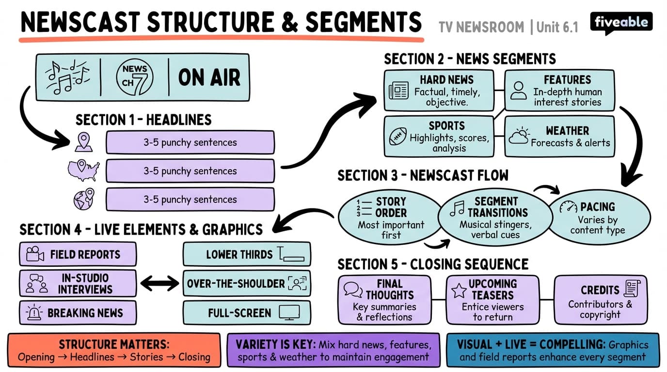6.1 Newscast structure and segments - TV Newsroom - Unit 6 visual cheatsheet
