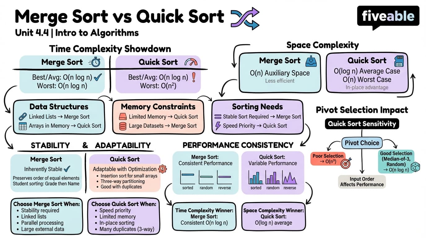 4.4 Comparison of Merge Sort and Quick Sort - Intro to Algorithms - Unit 4 visual cheatsheet
