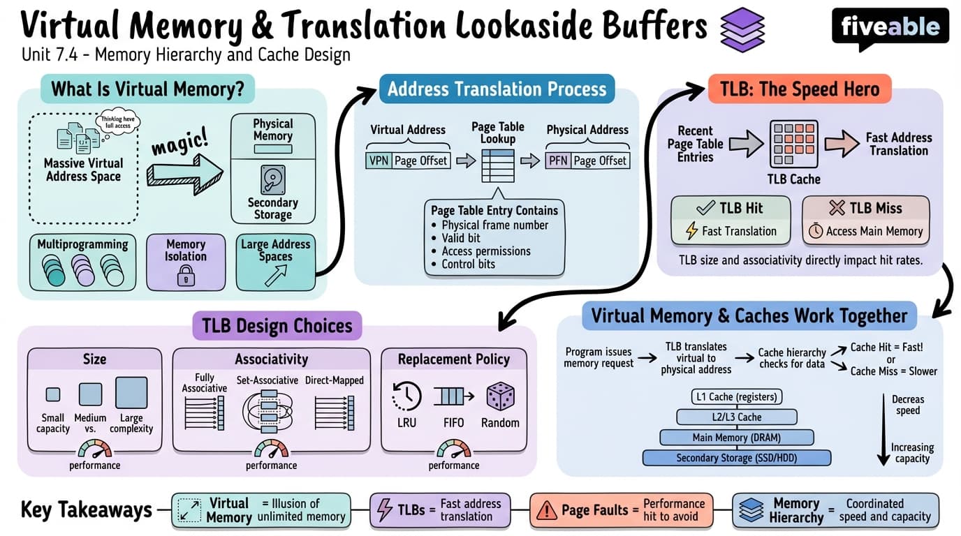 7.4 Virtual Memory and Translation Lookaside Buffers (TLBs) - Advanced Computer Architecture - Unit 7 visual cheatsheet
