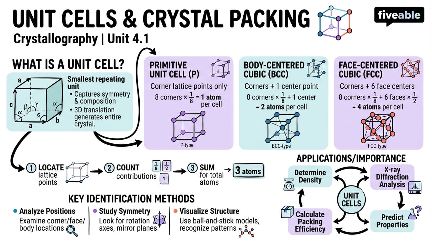 4.1 Unit cells and their types (primitive, body-centered, face-centered) - Crystallography - Unit 4 visual cheatsheet