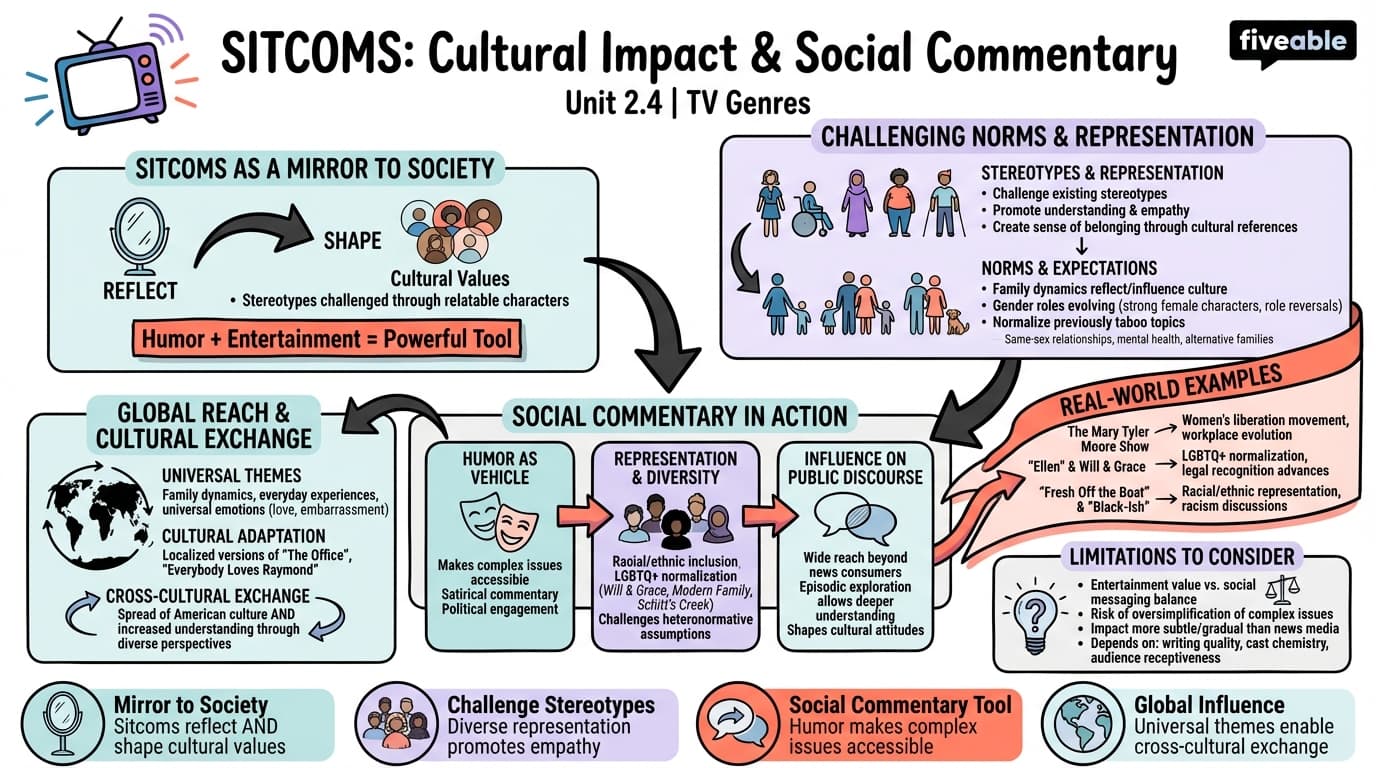 2.4 Cultural impact and social commentary in sitcoms - TV Genres - Unit 2 visual cheatsheet