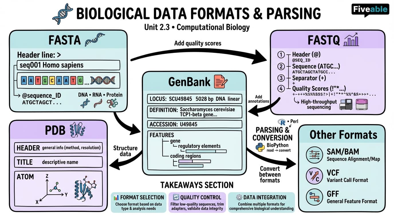 2.3 Data formats and parsing (FASTA, FASTQ, GenBank, PDB, etc.) - Computational Biology - Unit 2 visual cheatsheet