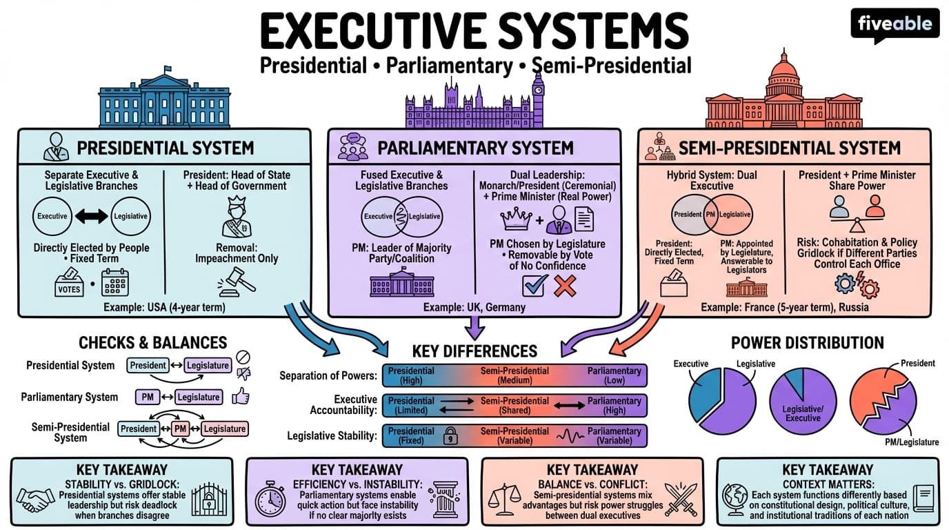 6.1 Types of Executive Systems: Presidential, Parliamentary, and Semi-Presidential - Intro to Comparative Politics - Unit 6 visual cheatsheet