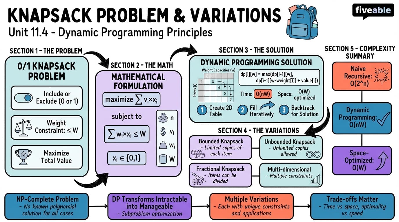 11.4 Knapsack problem and its variations - Intro to Algorithms - Unit 11 visual cheatsheet
