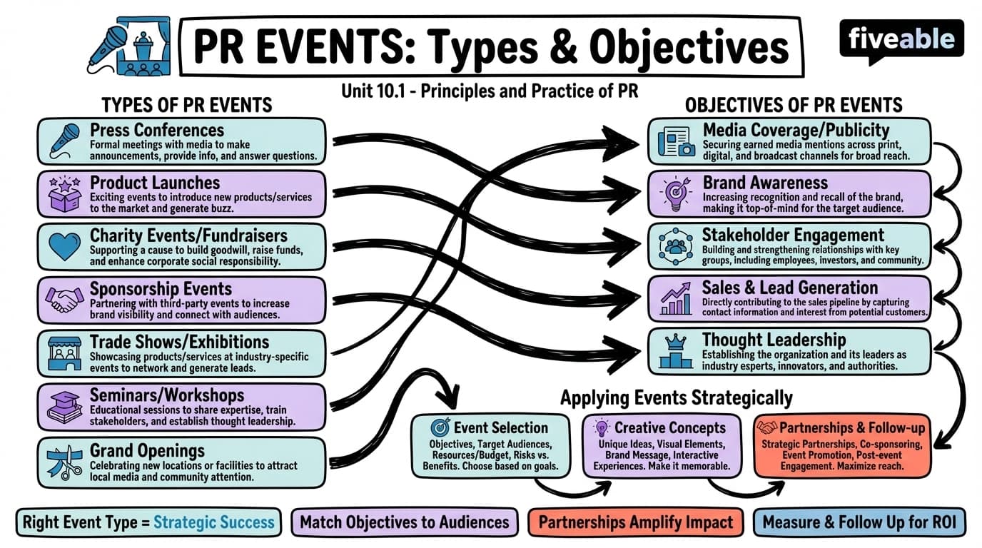 10.1 Types of PR Events and Their Objectives - Principles and Practice of PR - Unit 10 visual cheatsheet