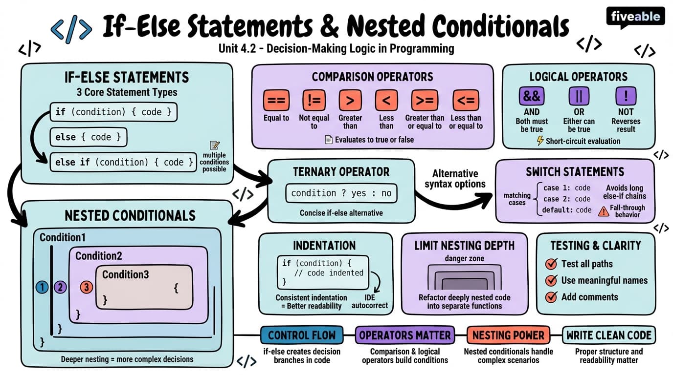 4.2 If-Else Statements and Nested Conditionals - Intro to Computer Programming - Unit 4 visual cheatsheet