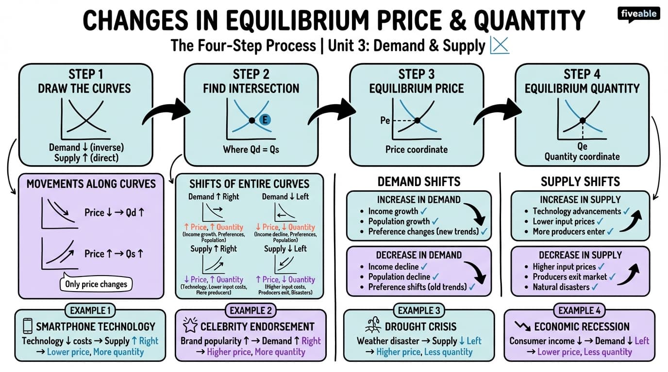 3.3 Changes in Equilibrium Price and Quantity: The Four-Step Process - Principles of Macroeconomics - Unit 3 visual cheatsheet