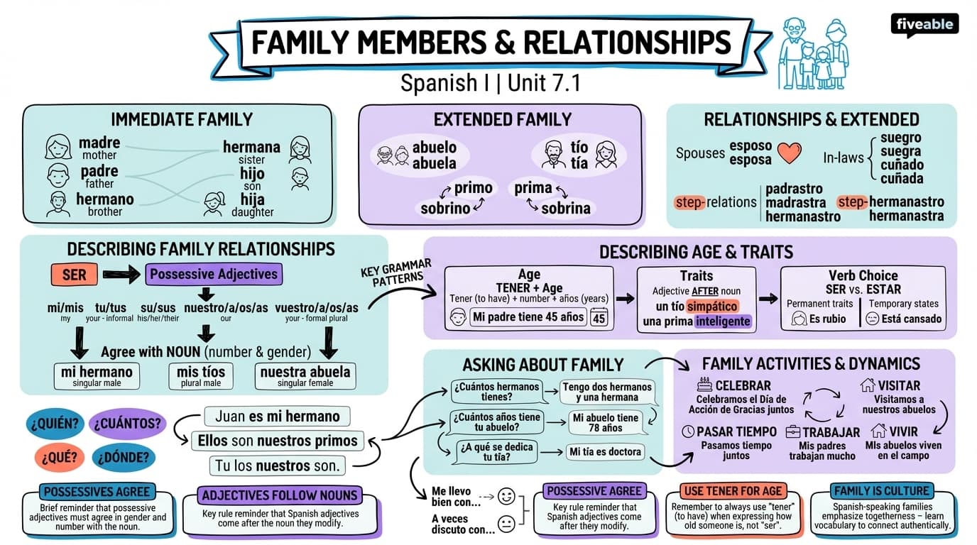 7.1 Family members and relationships - Spanish I - Unit 7 visual cheatsheet
