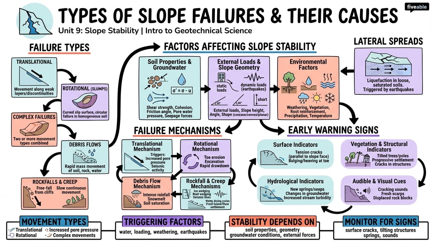 9.1 Types of slope failures and their causes - Intro to Geotechnical Science - Unit 9 visual cheatsheet