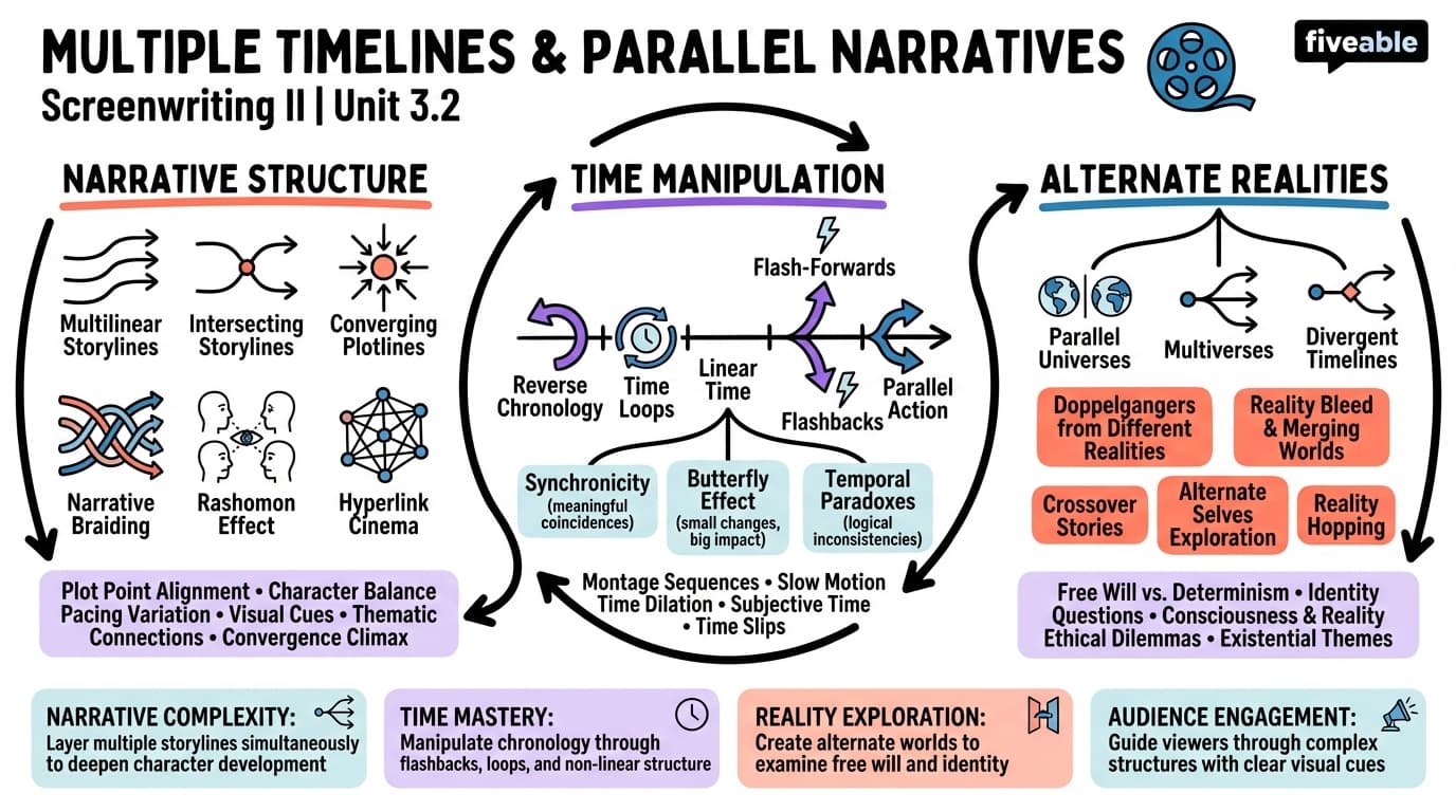3.2 Multiple Timelines and Parallel Narratives - Screenwriting II - Unit 3 visual cheatsheet