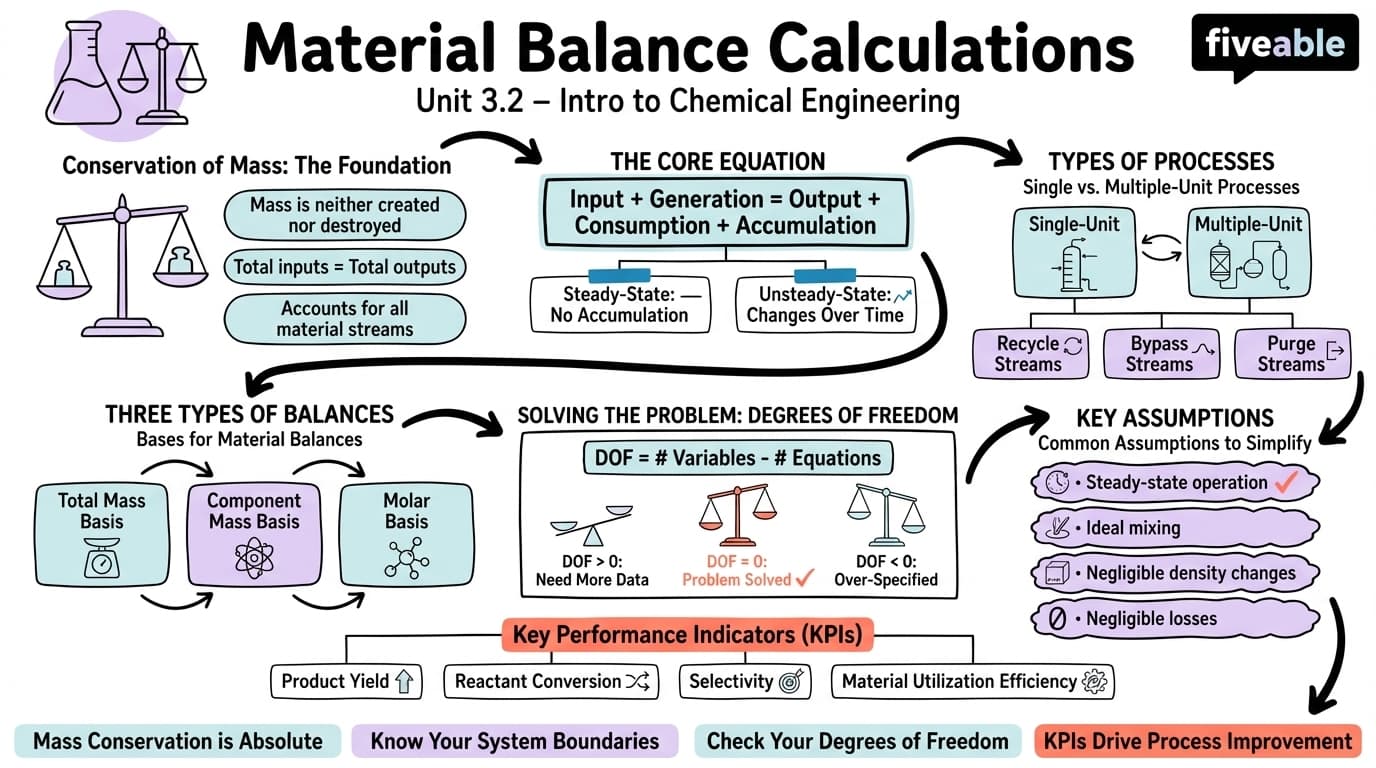 3.2 Material balance calculations - Intro to Chemical Engineering - Unit 3 visual cheatsheet