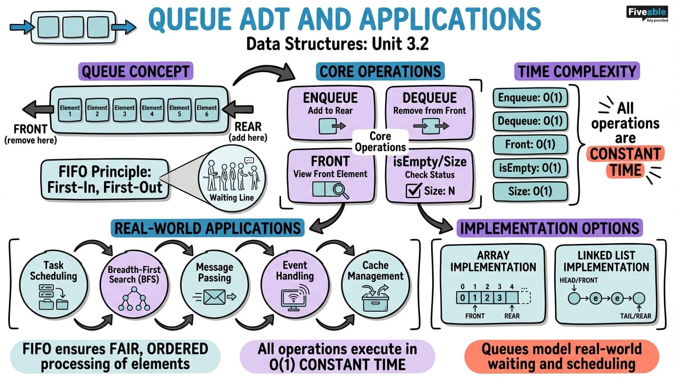 3.2 Queue ADT and Applications - Data Structures - Unit 3 visual cheatsheet