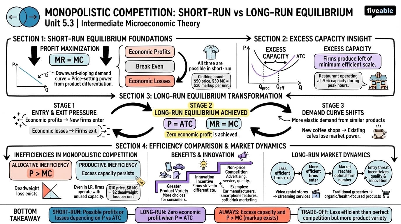 5.3 Short-run and long-run equilibrium in monopolistic competition - Intermediate Microeconomic Theory - Unit 5 visual cheatsheet