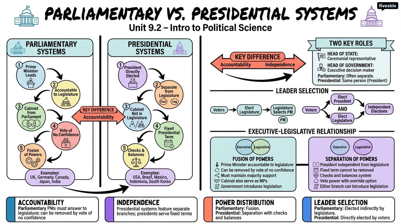 9.2 What Is the Difference between Parliamentary and Presidential Systems? - Intro to Political Science - Unit 9 visual cheatsheet