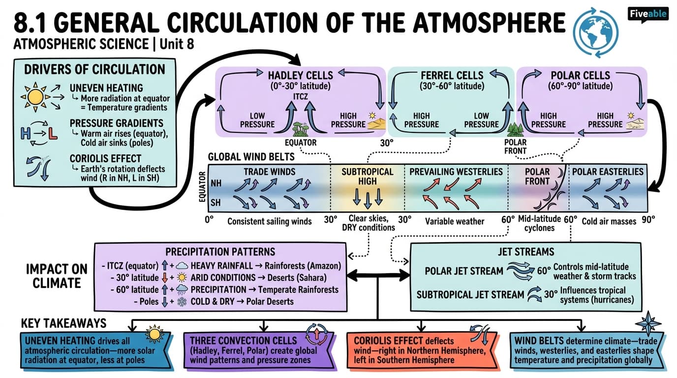 8.1 General circulation of the atmosphere - Atmospheric Science - Unit 8 visual cheatsheet
