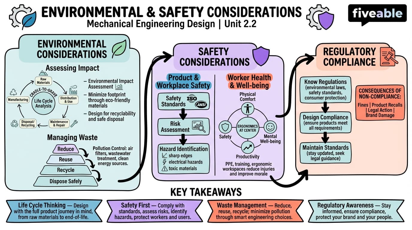 2.2 Environmental and Safety Considerations - Mechanical Engineering Design - Unit 2 visual cheatsheet