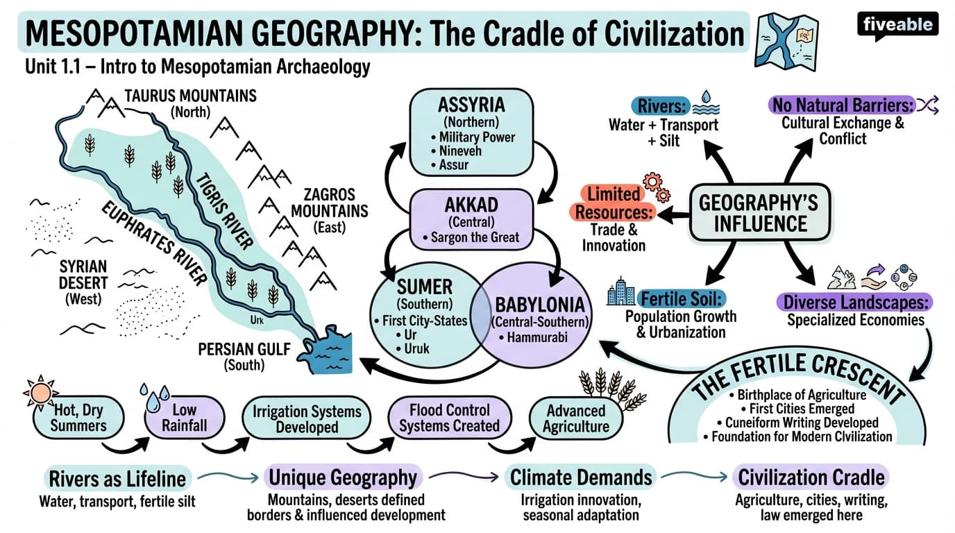 1.1 Geographical overview of Mesopotamia - Archaeology of Mesopotamia - Unit 1 visual cheatsheet