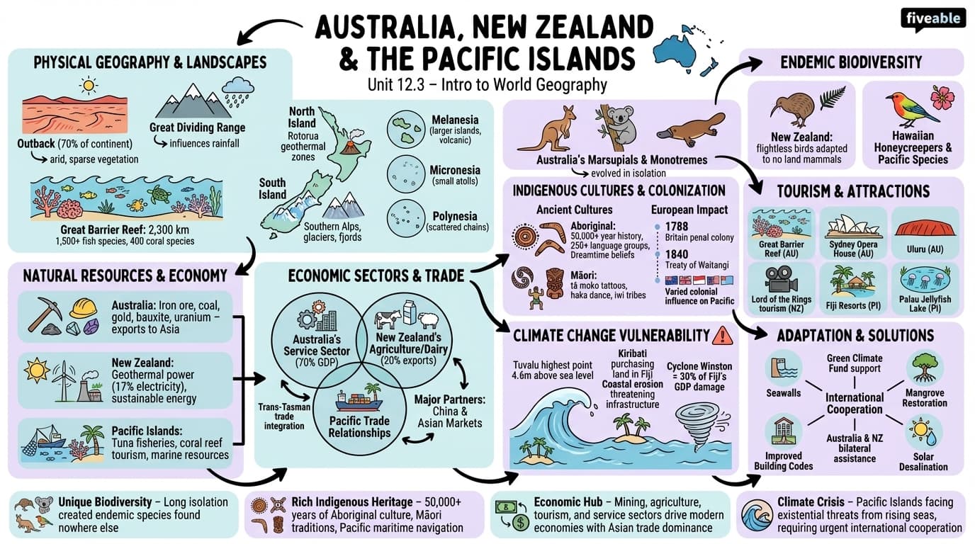 12.3 Australia, New Zealand, and the Pacific Islands - Intro to World Geography - Unit 12 visual cheatsheet