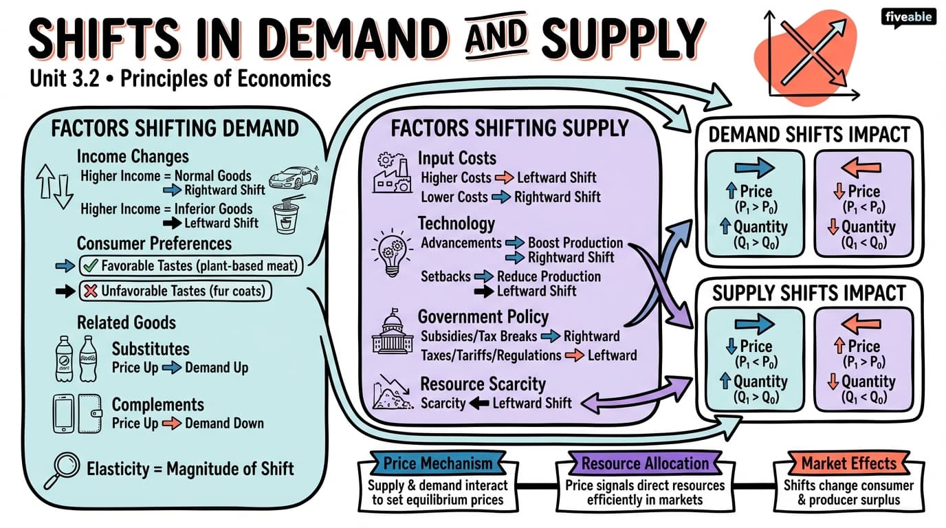 3.2 Shifts in Demand and Supply for Goods and Services - Principles of Economics - Unit 3 visual cheatsheet