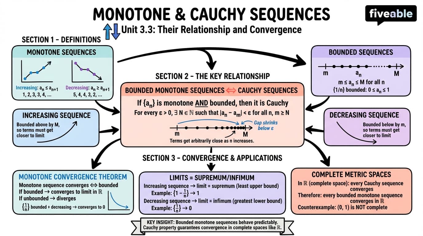 3.3 Relationship Between Monotone and Cauchy Sequences - Intro to Mathematical Analysis - Unit 3 visual cheatsheet