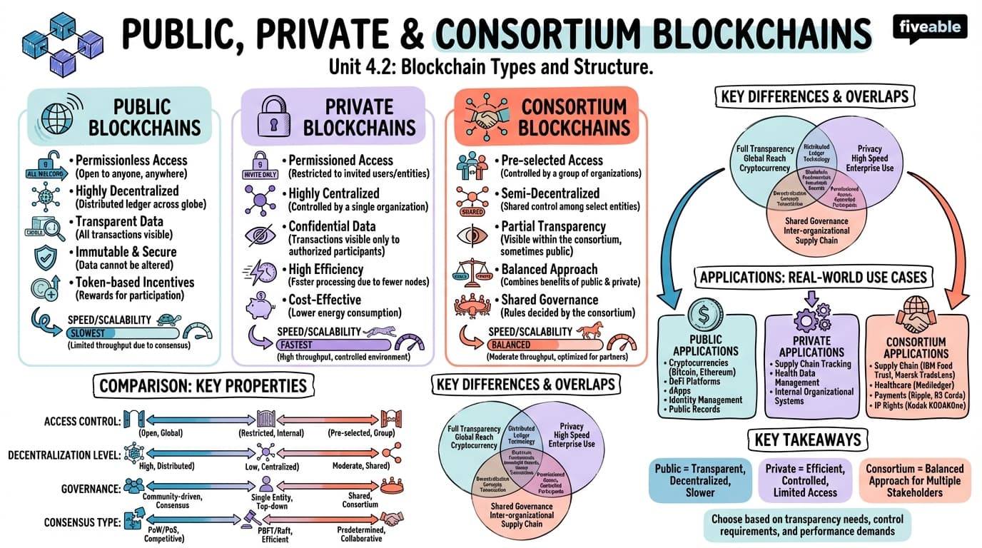 4.2 Public, Private, and Consortium Blockchains - Blockchain and Cryptocurrency - Unit 4 visual cheatsheet