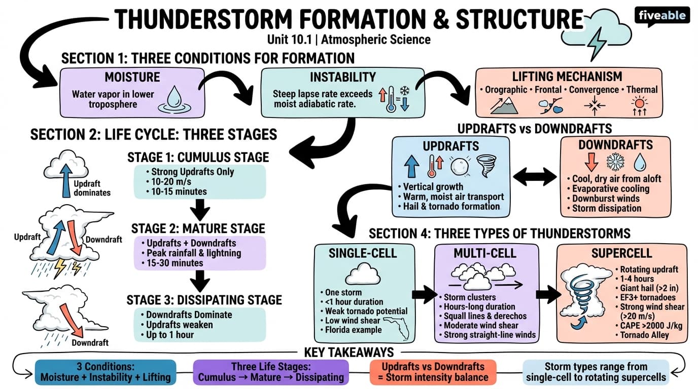 10.1 Thunderstorm formation and structure - Atmospheric Science - Unit 10 visual cheatsheet