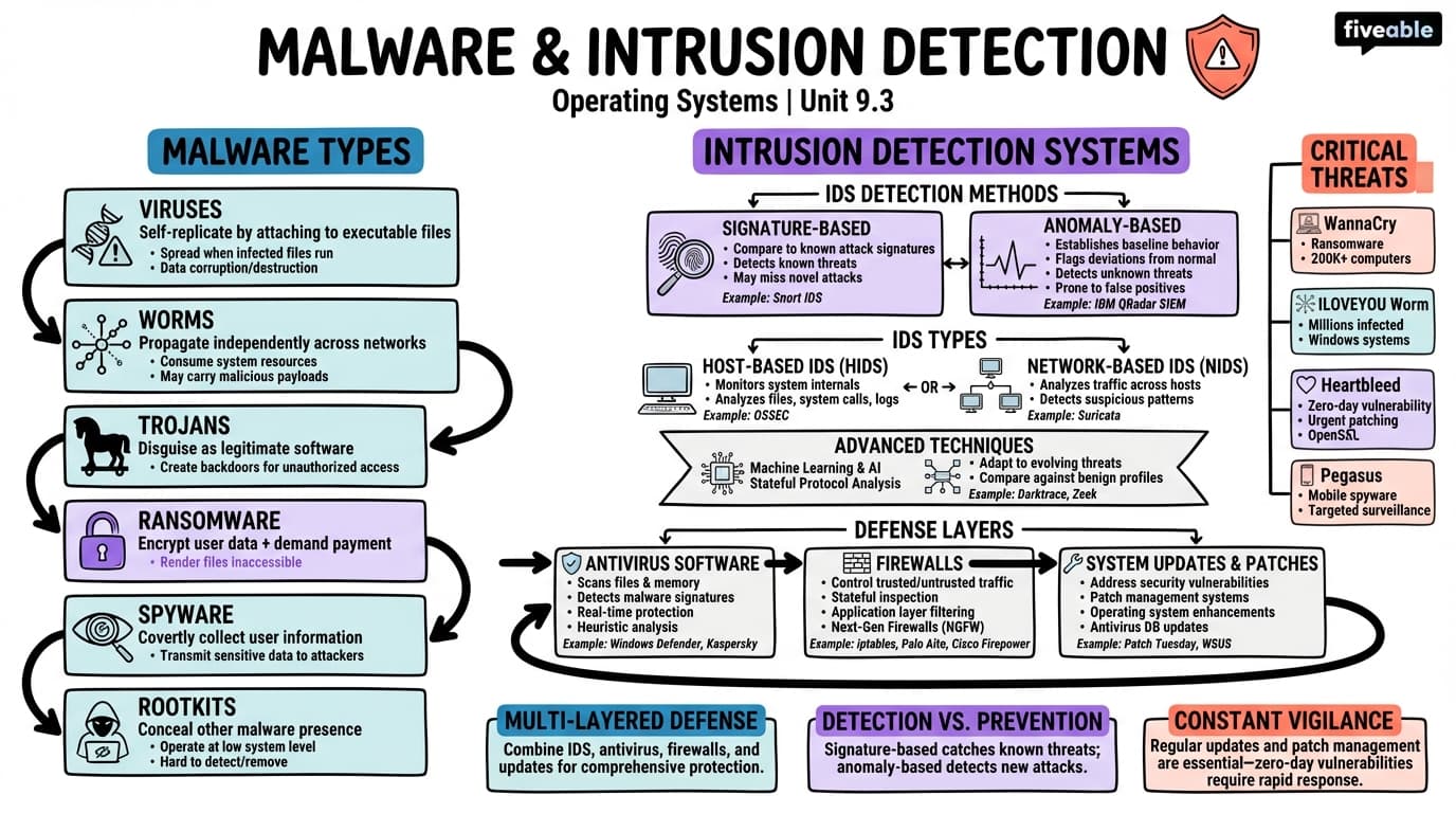 9.3 Malware and intrusion detection - Operating Systems - Unit 9 visual cheatsheet