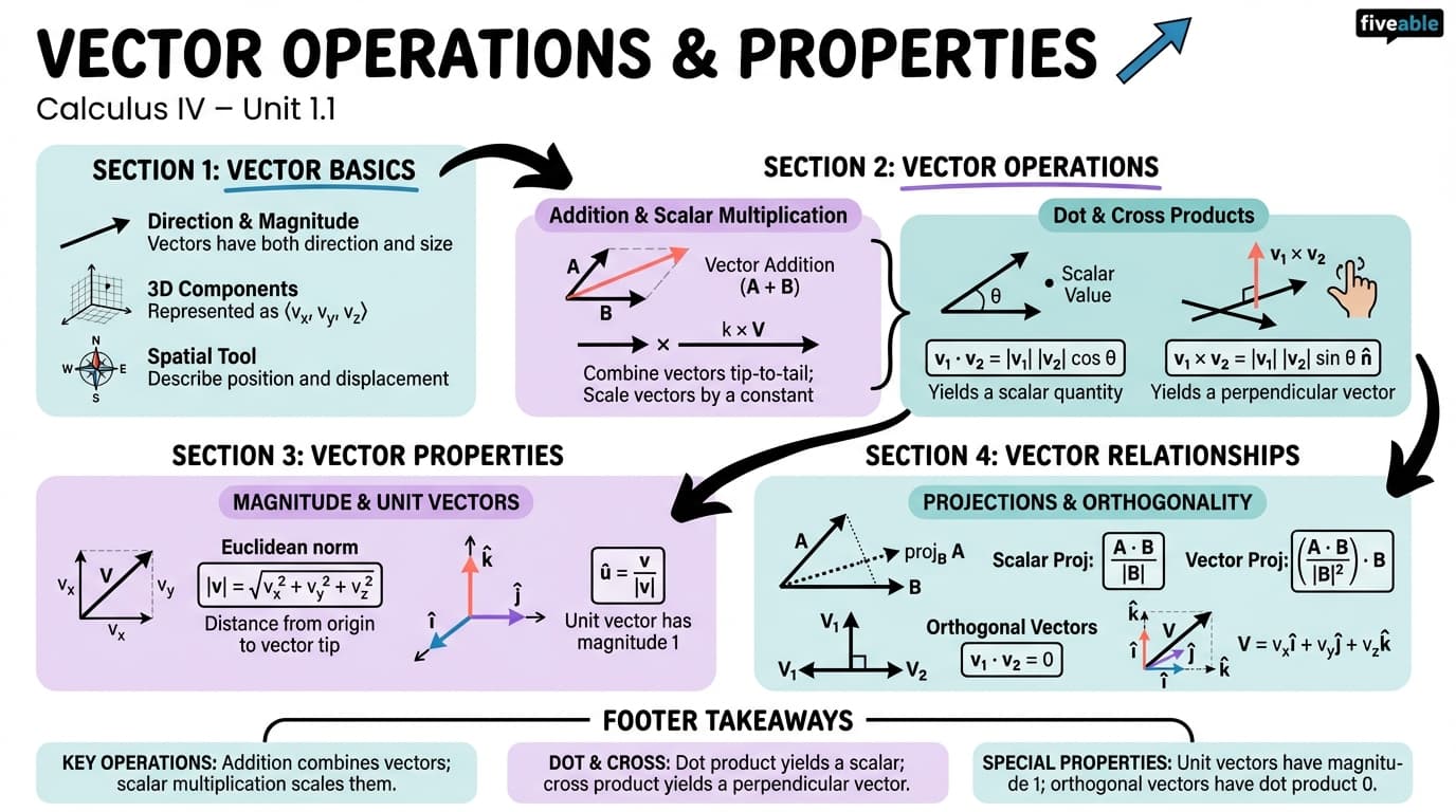 1.1 Vector operations and properties - Calculus IV - Unit 1 visual cheatsheet