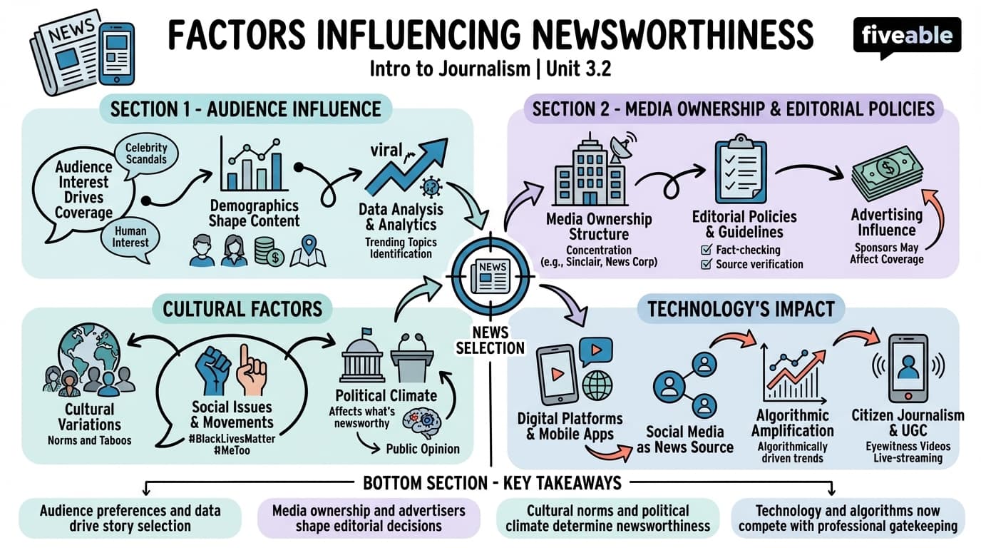 3.2 Factors influencing newsworthiness - Intro to Journalism - Unit 3 visual cheatsheet
